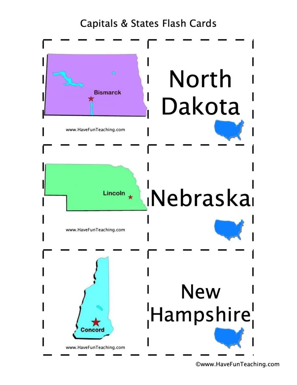 State and capital flashcards: North Dakota–Bismarck, Nebraska–Lincoln, and New Hampshire–Concord