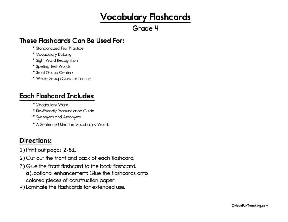 Vocabulary Flashcards Grade 4 title page listing card parts, uses and steps to print, cut, glue and laminate pages 2-51