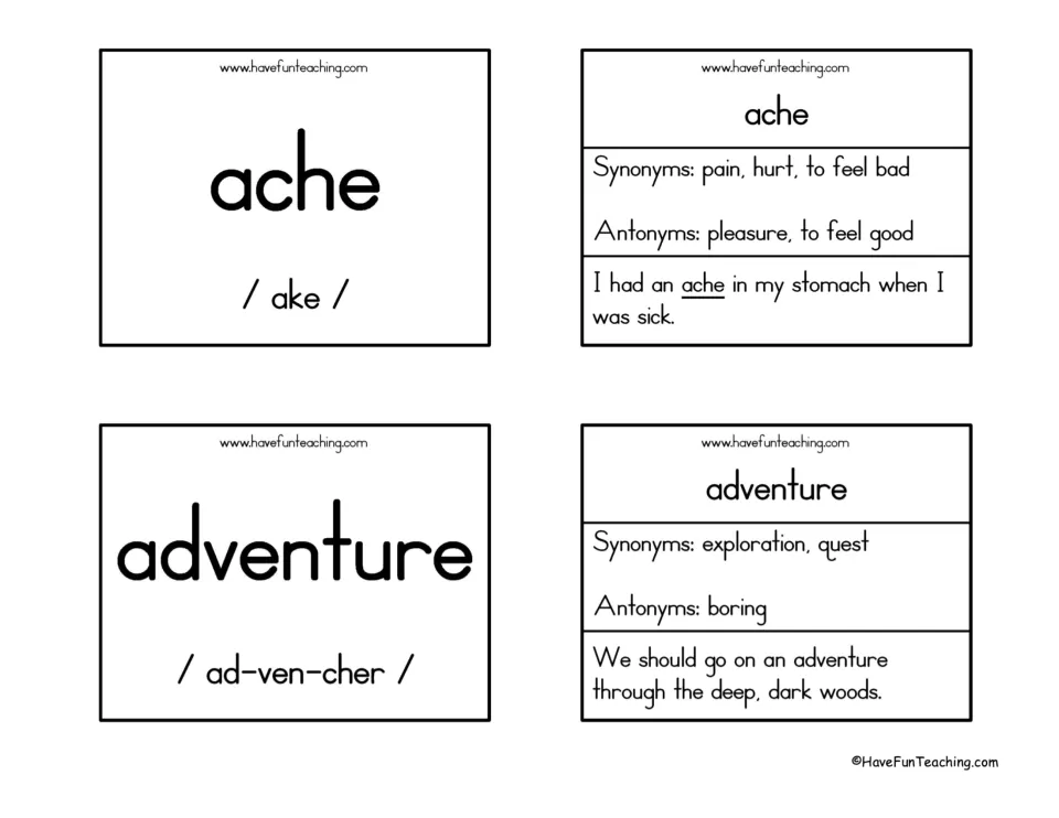 Cards for ache and adventure: each word with pronunciation on the front, synonyms, antonyms and a sample sentence on back