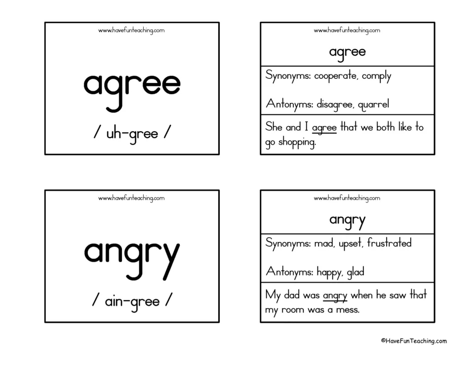 Agree and angry word cards: pronunciation fronts, backs listing synonyms like comply and mad, antonyms and a usage sentence