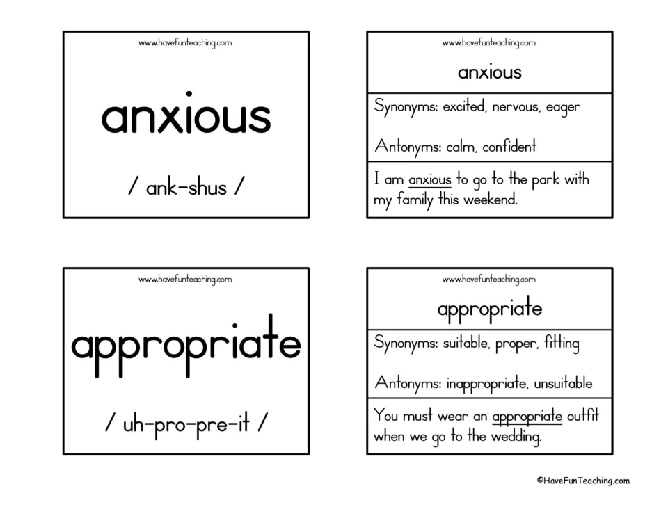 Anxious and appropriate cards with sound-it-out guides, synonyms such as nervous and suitable, antonyms and sentences