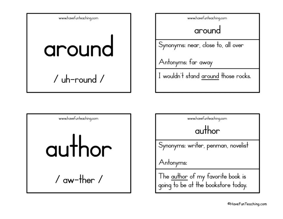 Around and author cards: pronunciation on fronts, synonyms like near and writer, antonyms and underlined sentences