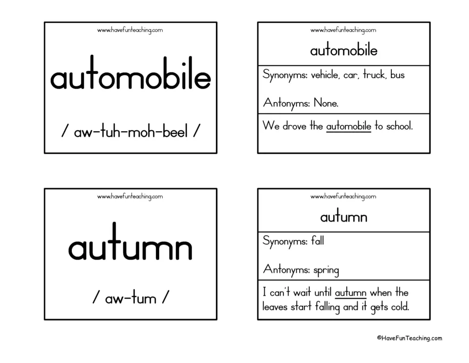 Automobile and autumn cards giving pronunciations, synonyms vehicle and fall, antonyms none and spring, with sentences
