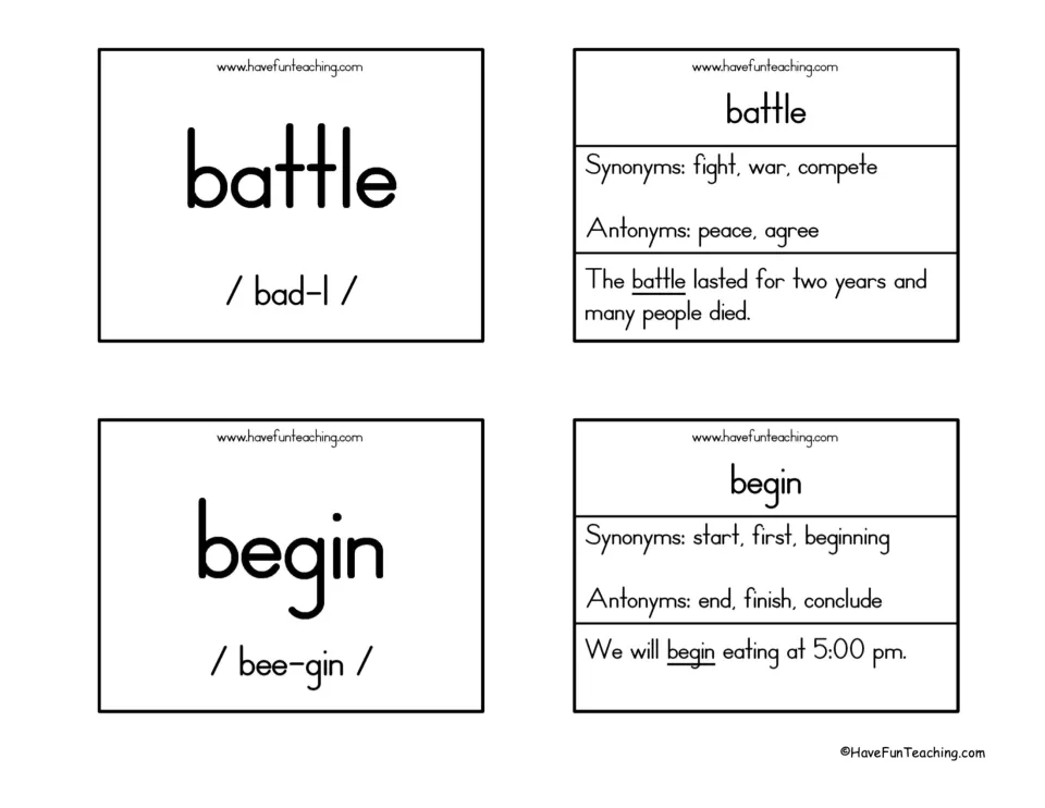 Battle and begin word cards: say-it guides, synonyms fight and start, antonyms peace and finish, and example sentences