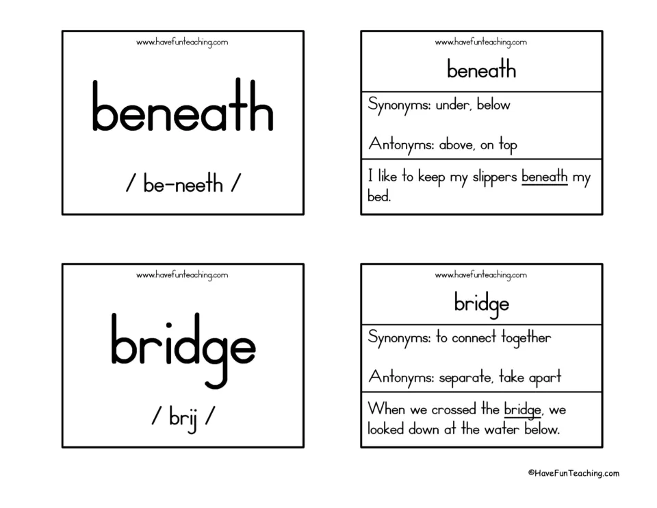 Beneath and bridge cards with pronunciations, synonyms under and connect, antonyms above and separate, plus sentences