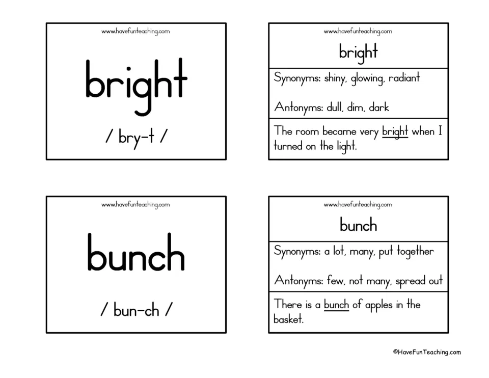 Bright and bunch flashcards: pronunciation fronts, synonyms radiant and many, antonyms dull and few, with a sentence each