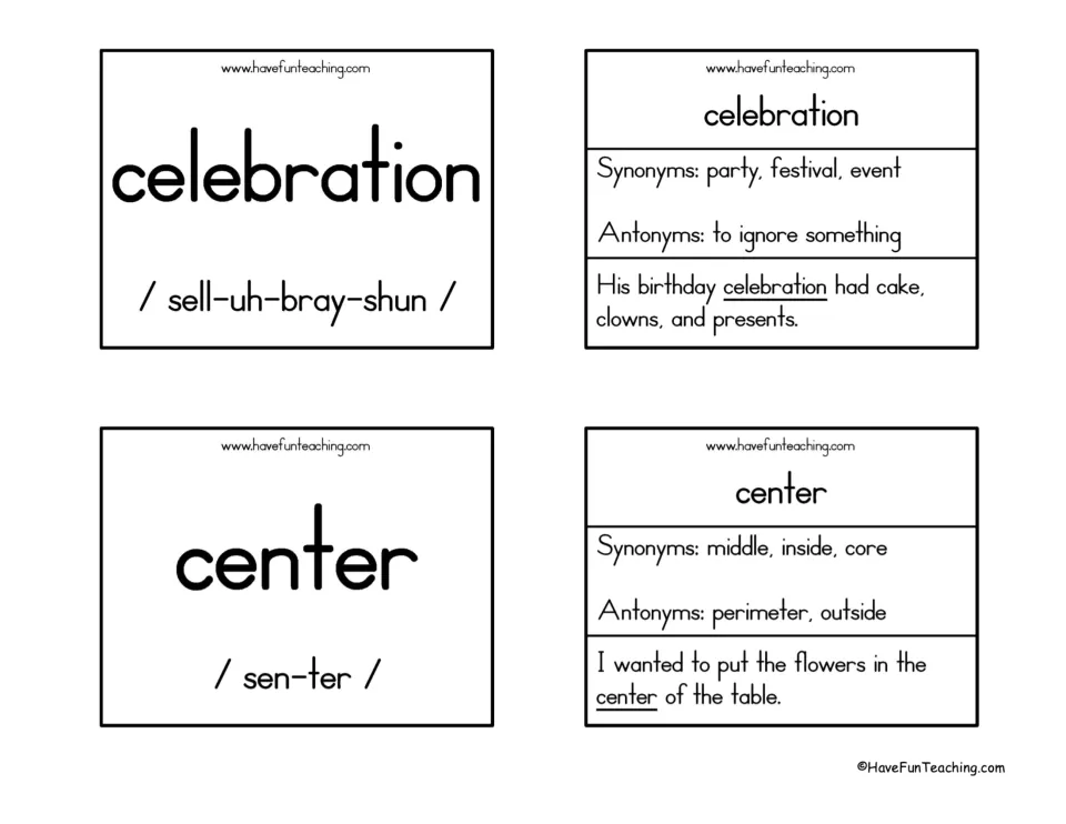 Celebration and center cards showing pronunciations, synonyms party and middle, antonyms and two example sentences