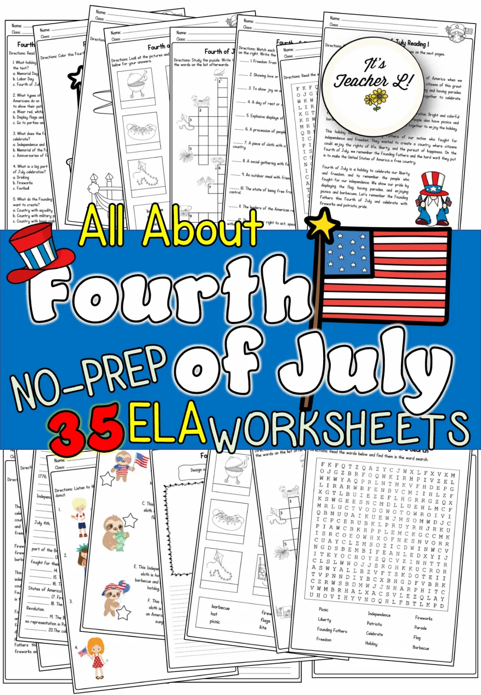 All About Fourth of July cover: 35 no-prep ELA worksheets with reading, crossword, word search and coloring pages