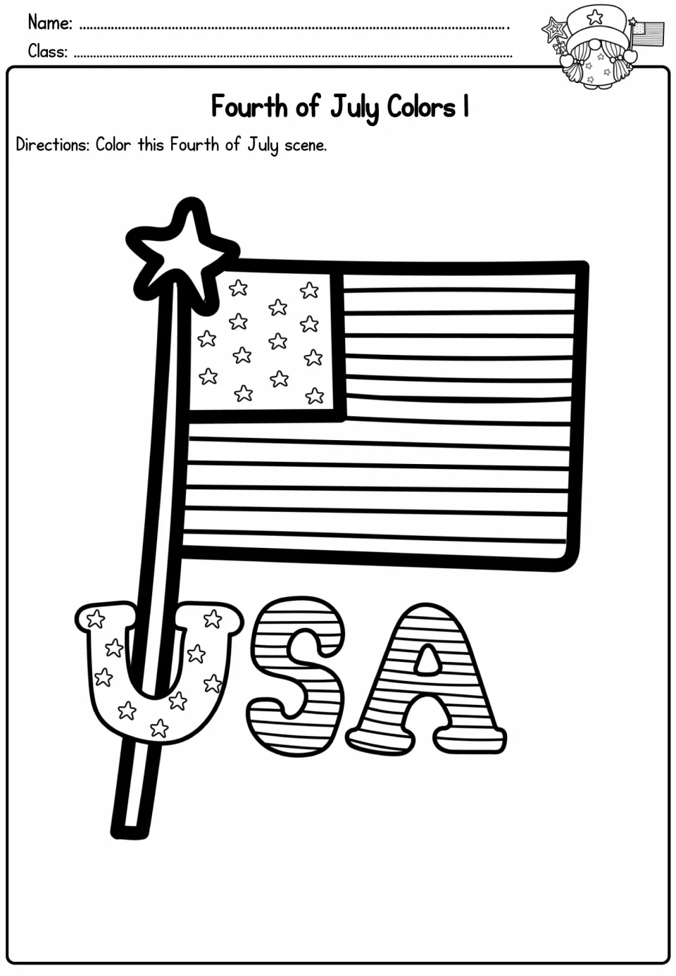 Fourth of July Colors 1: students color an American flag on a pole with star-tipped top and bubble letters spelling USA