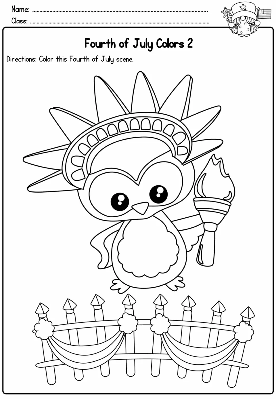 Fourth of July Colors 2: students color an owl dressed as the Statue of Liberty holding a torch above a decorated fence