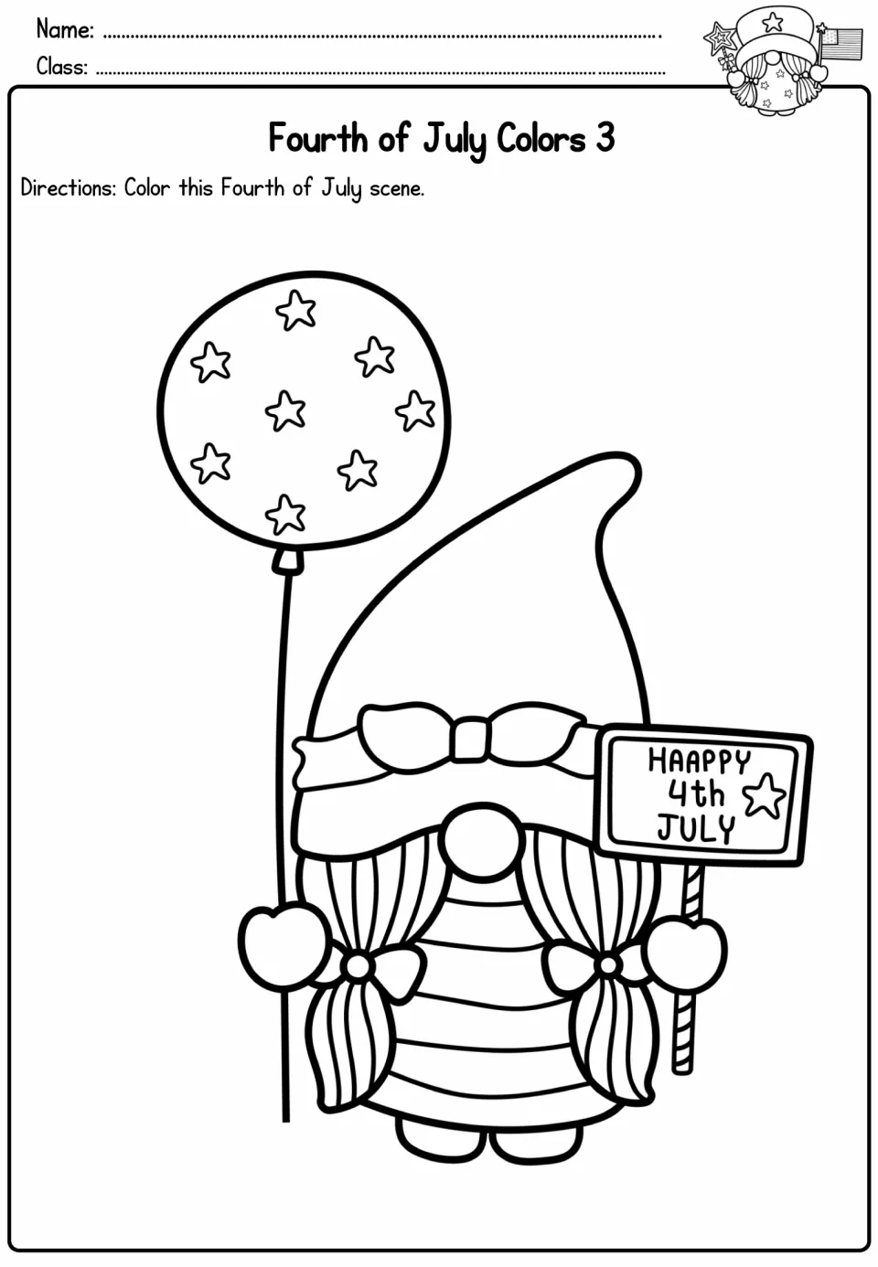 Fourth of July Colors 3: students color a gnome with braids holding a star balloon and a sign reading Happy 4th July