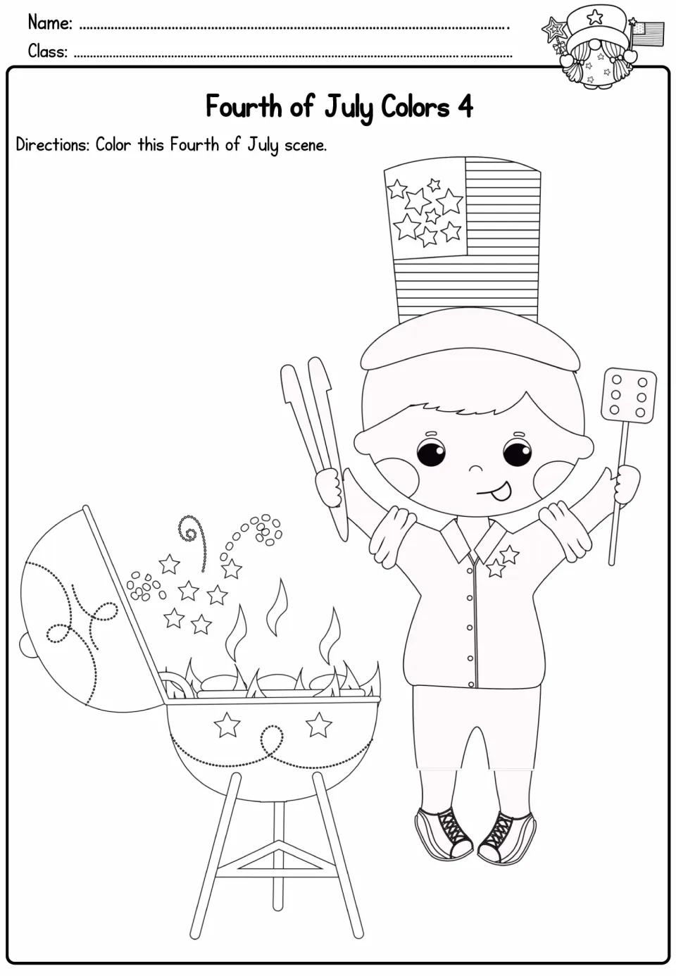 Fourth of July Colors 4: students color a boy in a flag top hat holding tongs and a spatula beside a barbecue grill