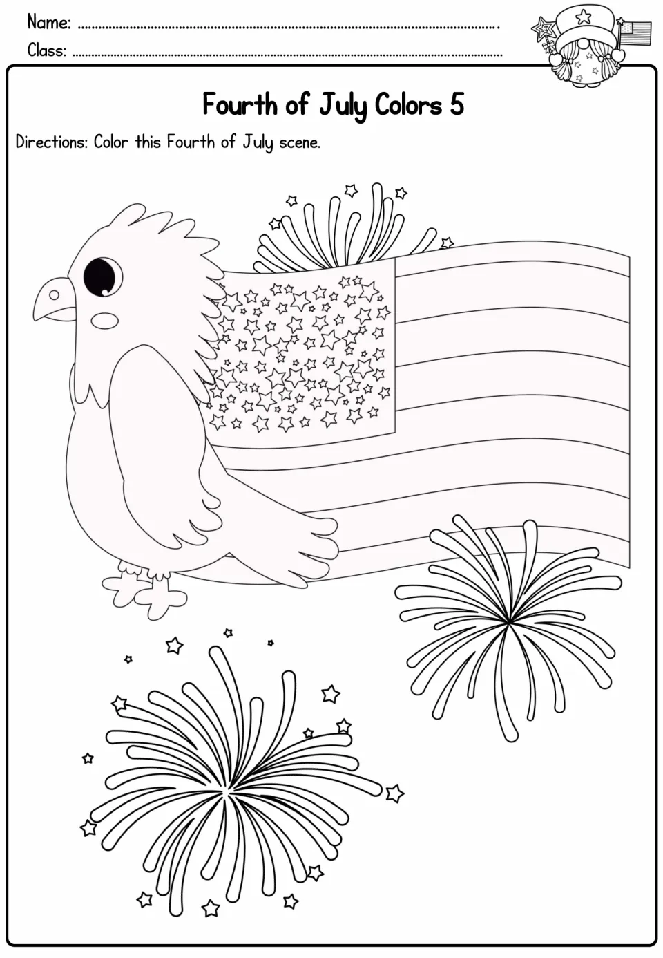Fourth of July Colors 5: students color a bald eagle in front of a waving American flag with fireworks bursting around it