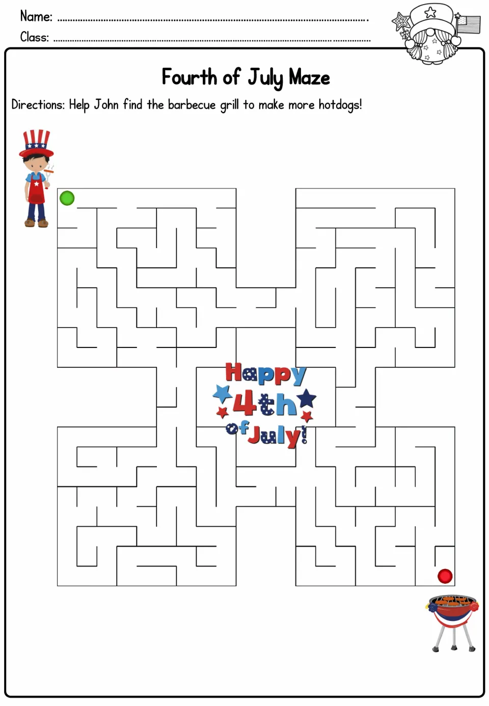 Fourth of July maze: students trace a path to help John reach the barbecue grill to make more hotdogs
