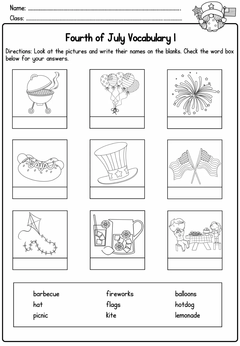 Fourth of July Vocabulary 1: students label 9 holiday pictures such as barbecue, balloons and kite using a word box