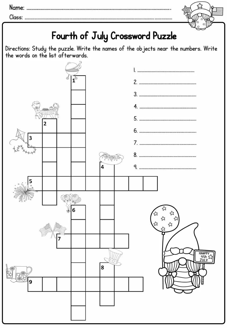 Fourth of July crossword: students name 9 pictured objects like grill, kite and fireworks, fill the puzzle and list them