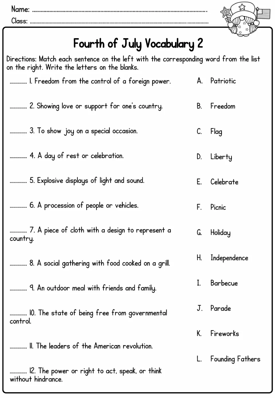 Fourth of July Vocabulary 2: students match 12 definitions to words like Patriotic, Liberty, Parade and Founding Fathers