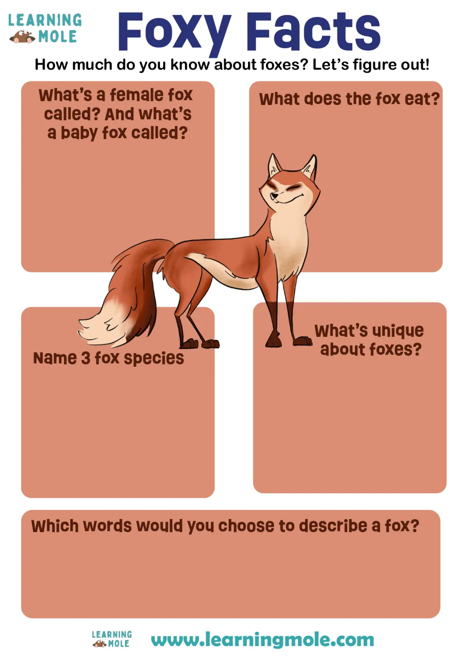 Foxy Facts: students answer questions on fox names, diet, species, unique traits and describing words beside a fox drawing
