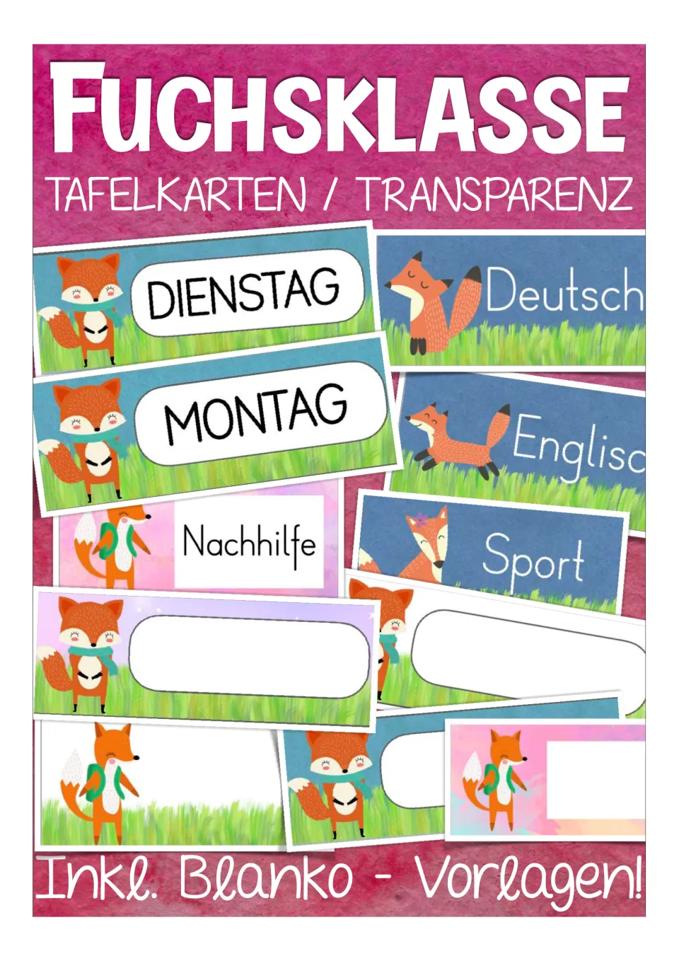 Cover of the German classroom label set, showing sample weekday, subject, and blank cards to fill in