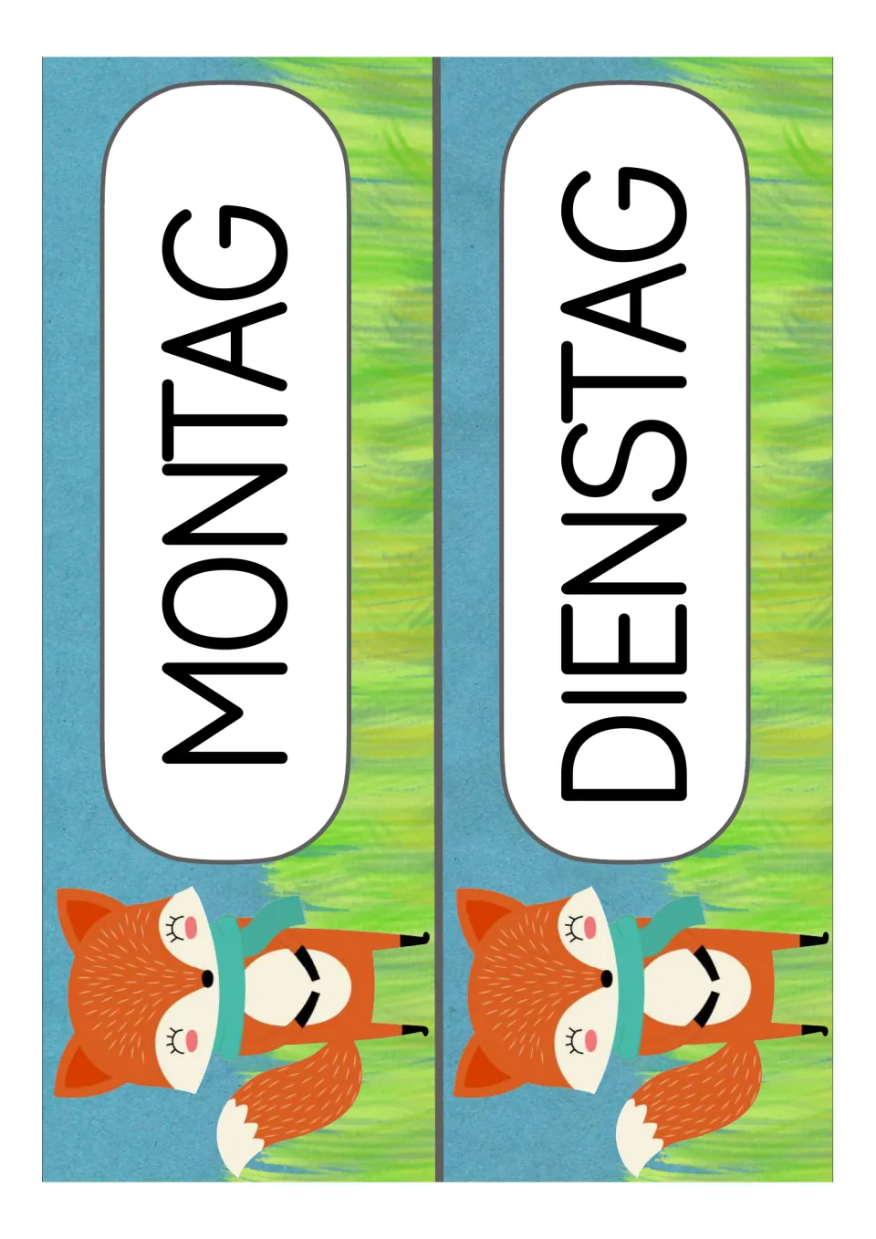 German weekday labels for the classroom: Montag (Monday) and Dienstag (Tuesday), printed two per sheet