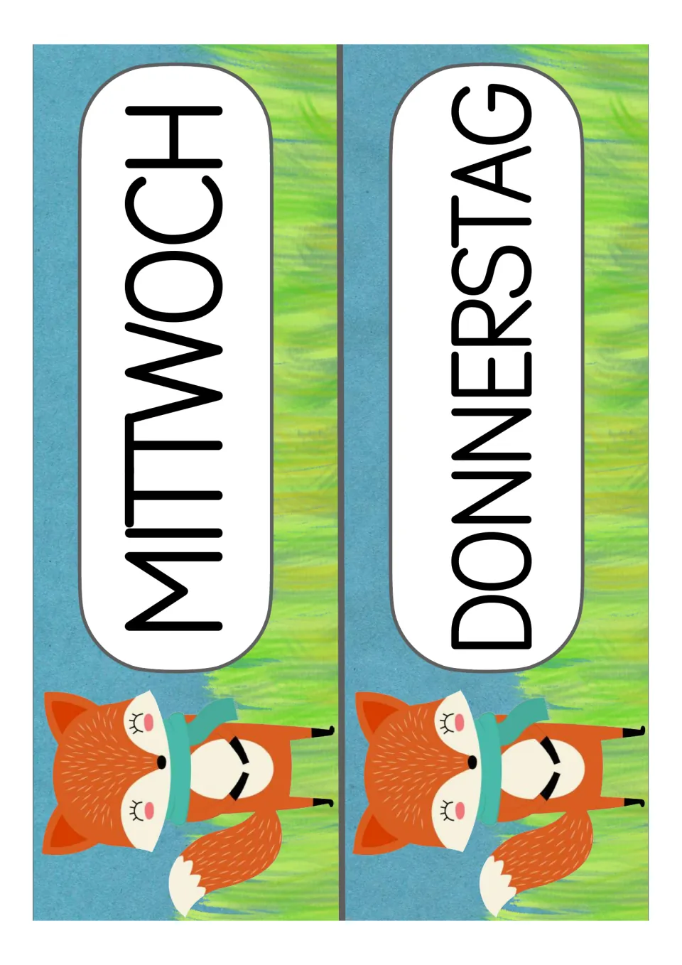 German weekday labels for the classroom: Mittwoch (Wednesday) and Donnerstag (Thursday), two per sheet