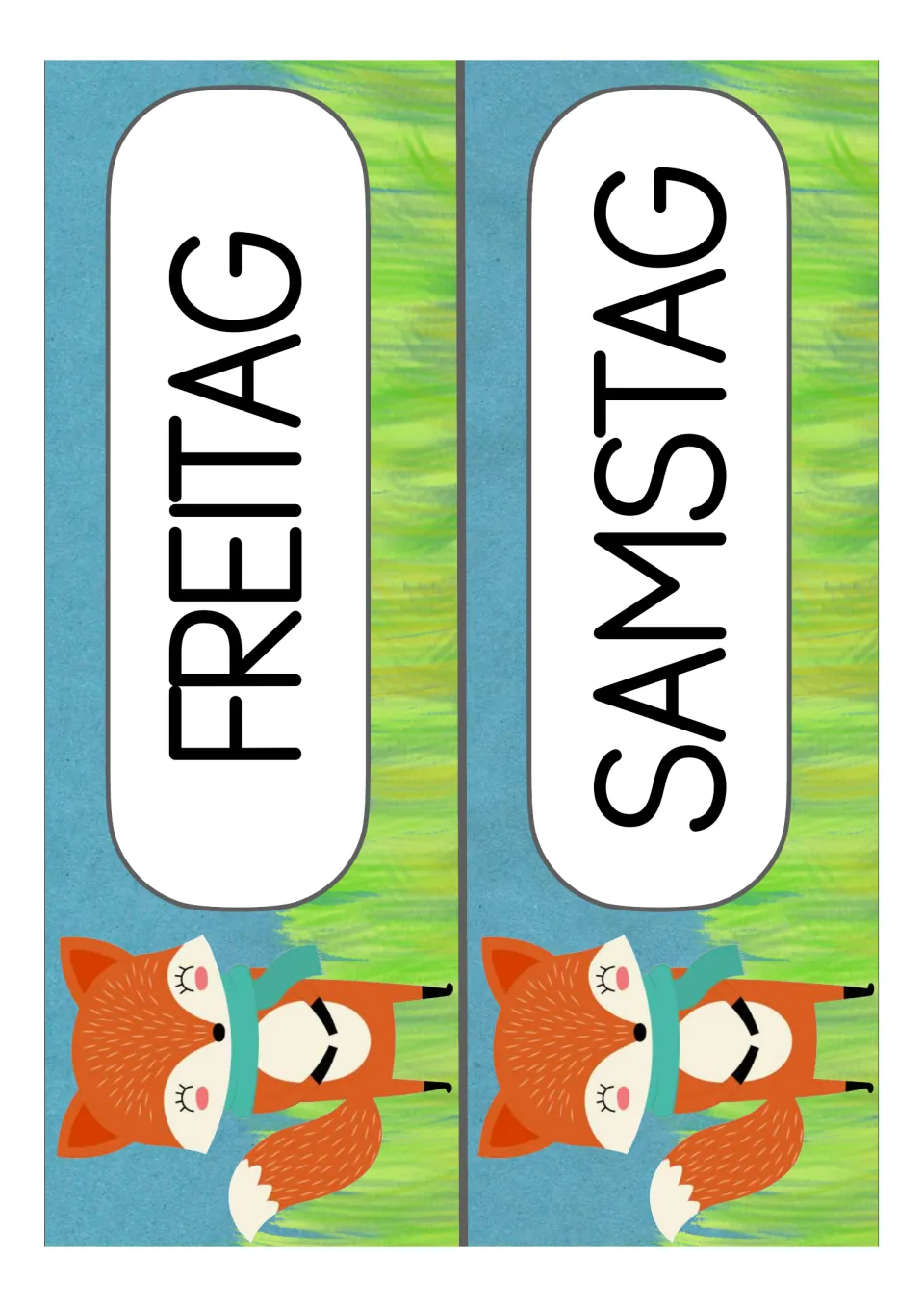 German weekday labels for the classroom: Freitag (Friday) and Samstag (Saturday), printed two per sheet