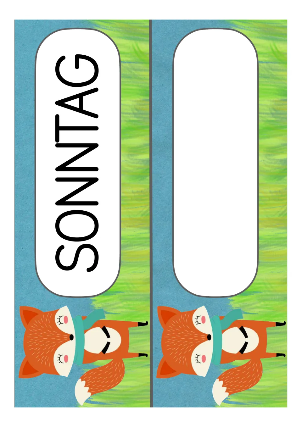 German classroom label sheet pairing Sonntag (Sunday), the final weekday card, with one blank card