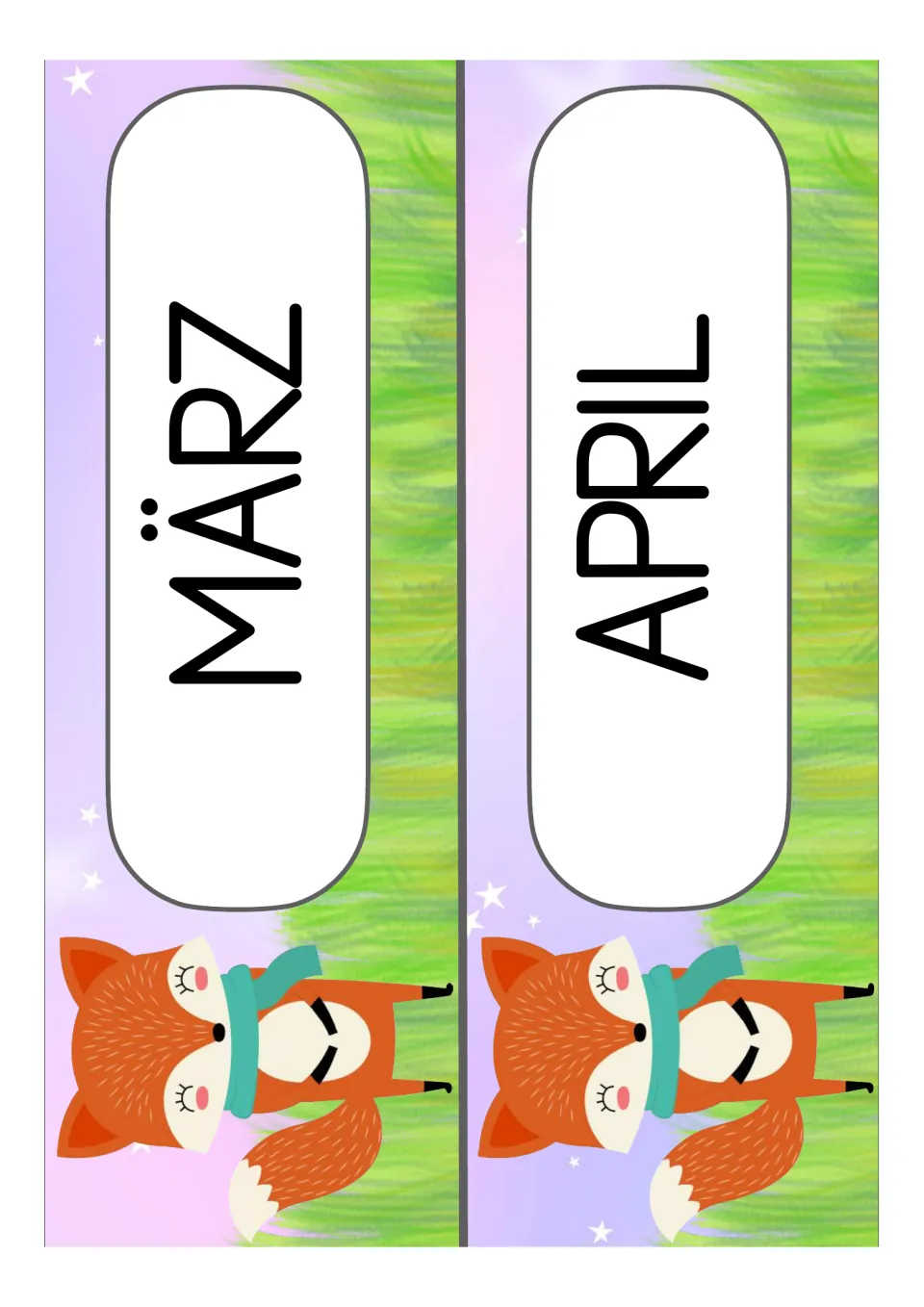 German month labels for the classroom: März (March) and April (April), continuing the two-card sheets
