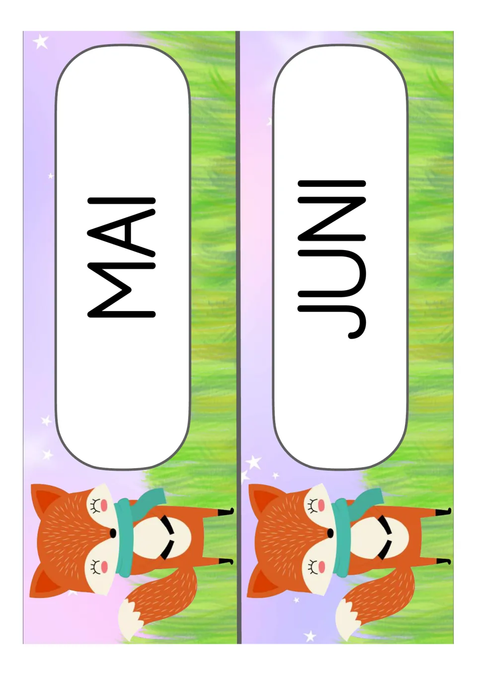 German month labels for the classroom: Mai (May) and Juni (June), continuing the set with two cards