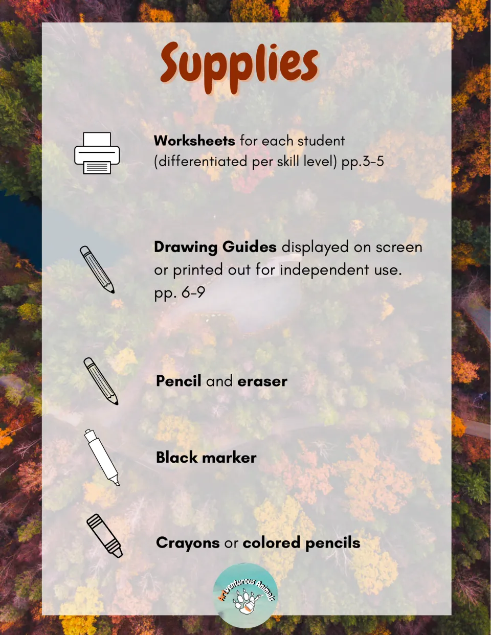 Supplies list: student drawing pages (pp. 3-5), drawing guides (pp. 6-9), pencil, eraser, black marker and crayons