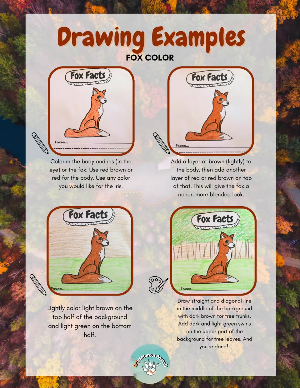 Fox coloring guide: four photos show coloring the fox red brown, layering color, then adding a green and brown forest
