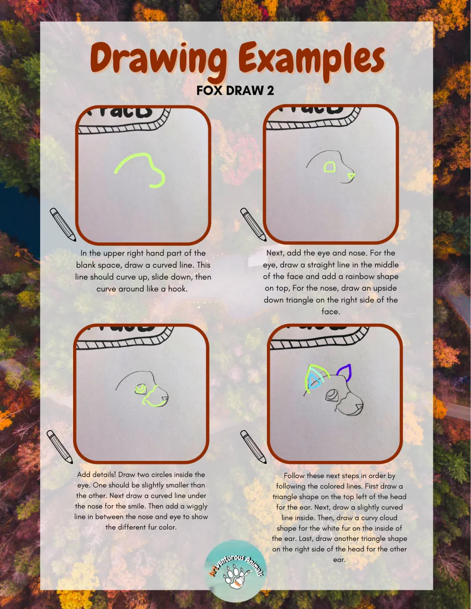 Fox Draw 2 guide, part 1: photo steps show drawing the head curve, eye, nose, smile, fur line and both ears
