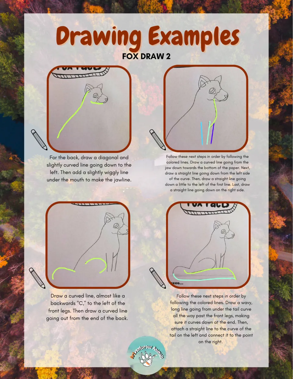 Fox Draw 2 guide, part 2: photo steps add the back, jawline, front legs, back leg curve and the long tail