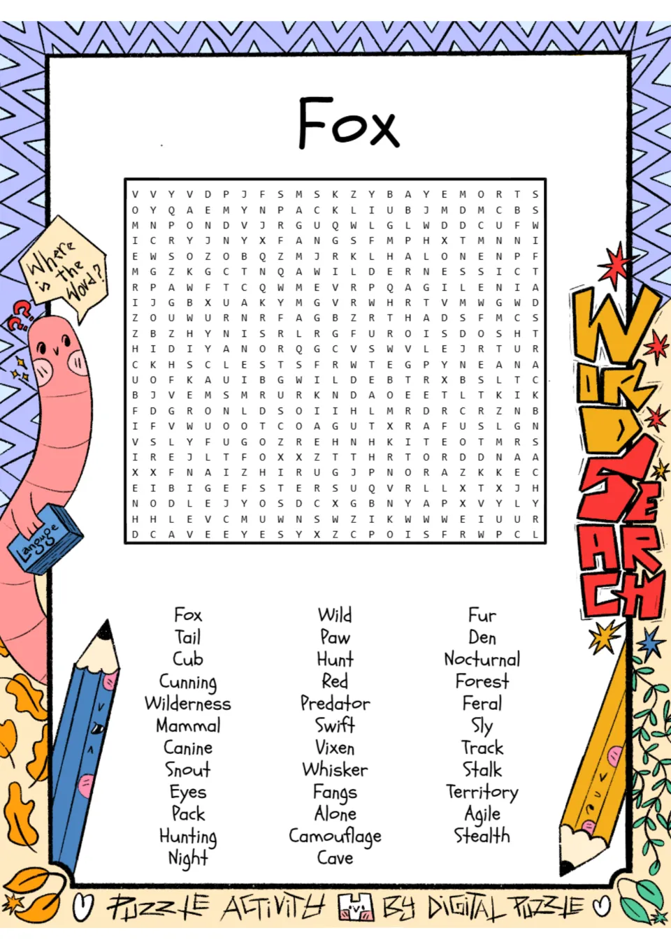 Fox word search: students find 36 fox words such as den, vixen, nocturnal and camouflage hidden in a letter puzzle