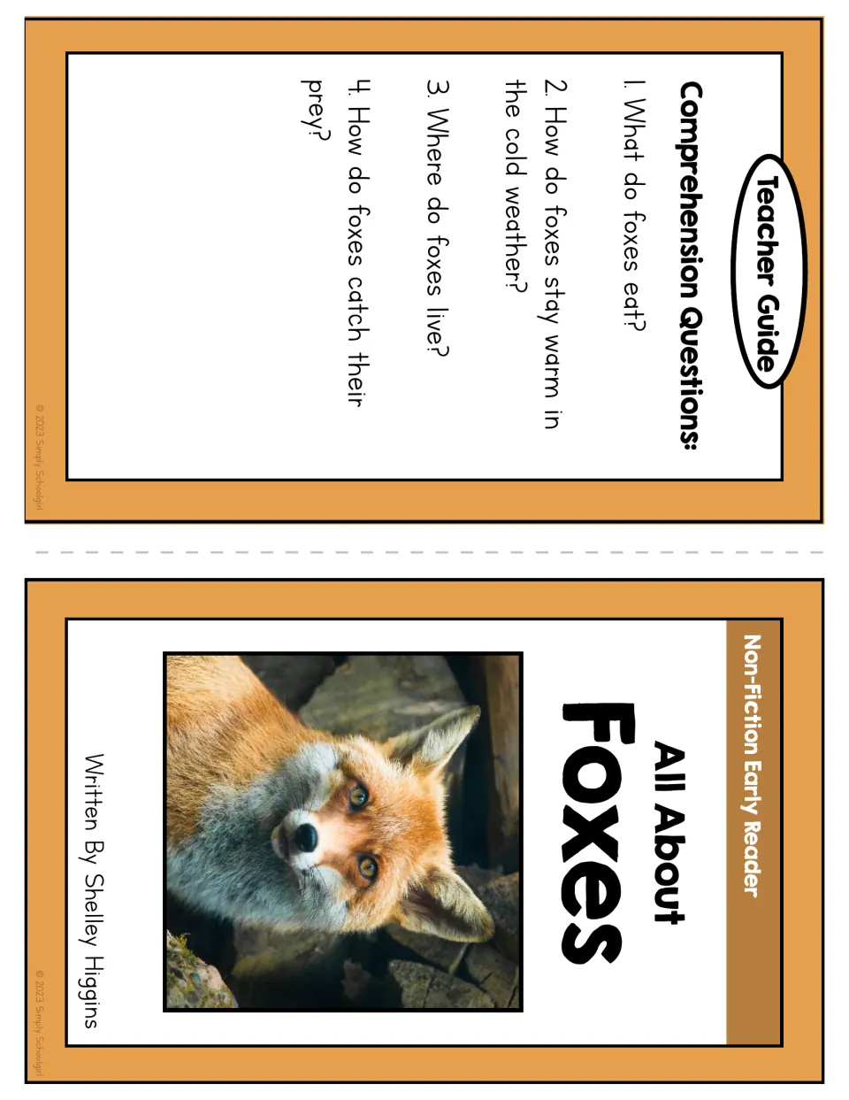 Teacher guide with 4 comprehension questions on fox food, warmth, homes and hunting, beside the All About Foxes cover