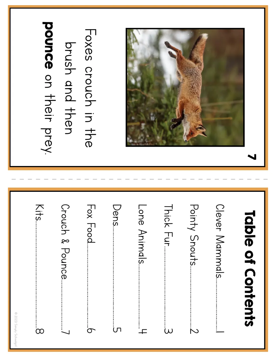Table of contents listing 8 fox topics, with booklet page 7: foxes crouch in the brush and pounce on prey