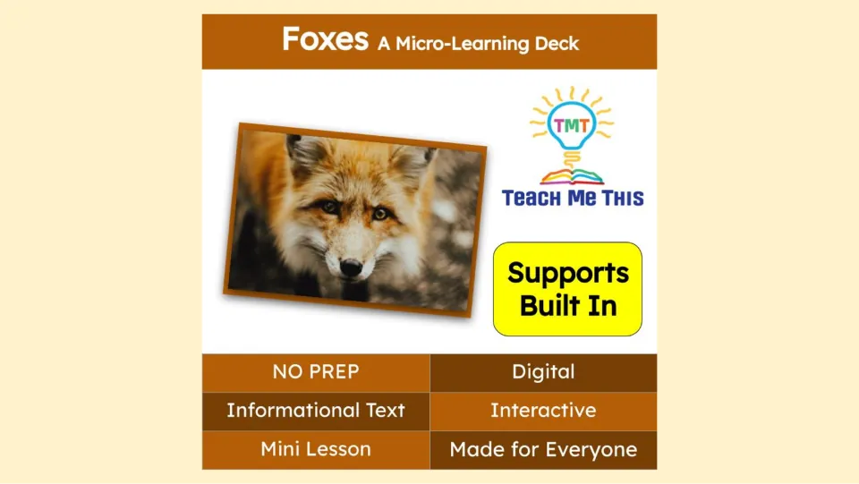 Cover of Foxes: A Micro-Learning Deck, identifying a digital mini lesson with informational text and supports