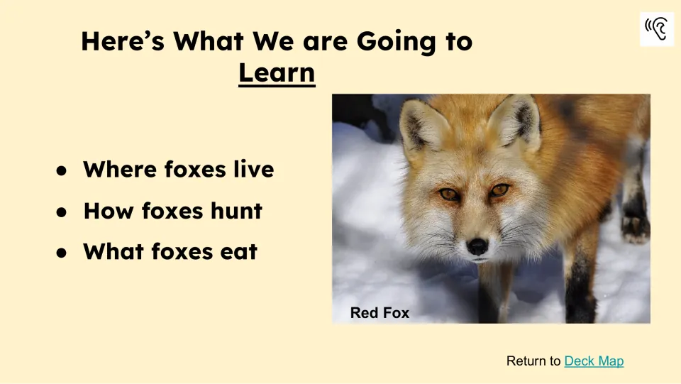 Learning preview lists where foxes live, how foxes hunt, and what foxes eat beside a labeled red fox