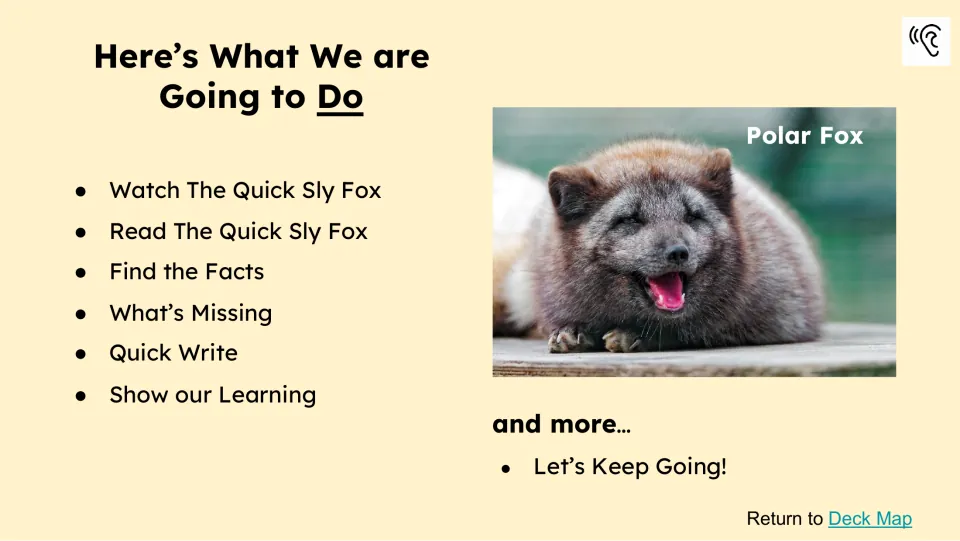 Activity preview lists watching and reading The Quick Sly Fox, Find the Facts, What’s Missing, and writing
