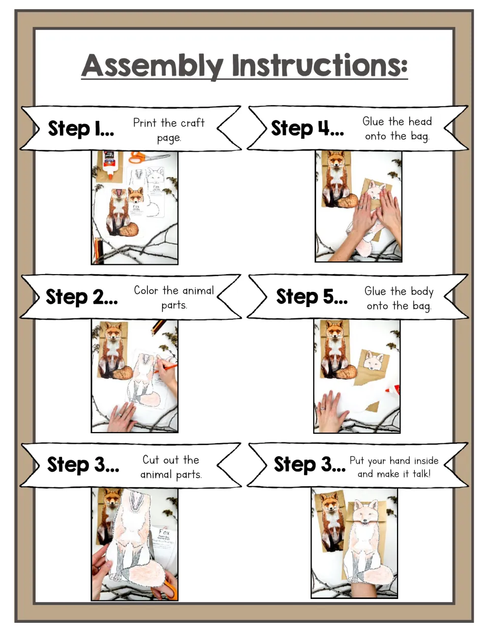 Assembly steps for the fox puppet: print, color, cut out the parts, glue head then body onto the bag, and make it talk