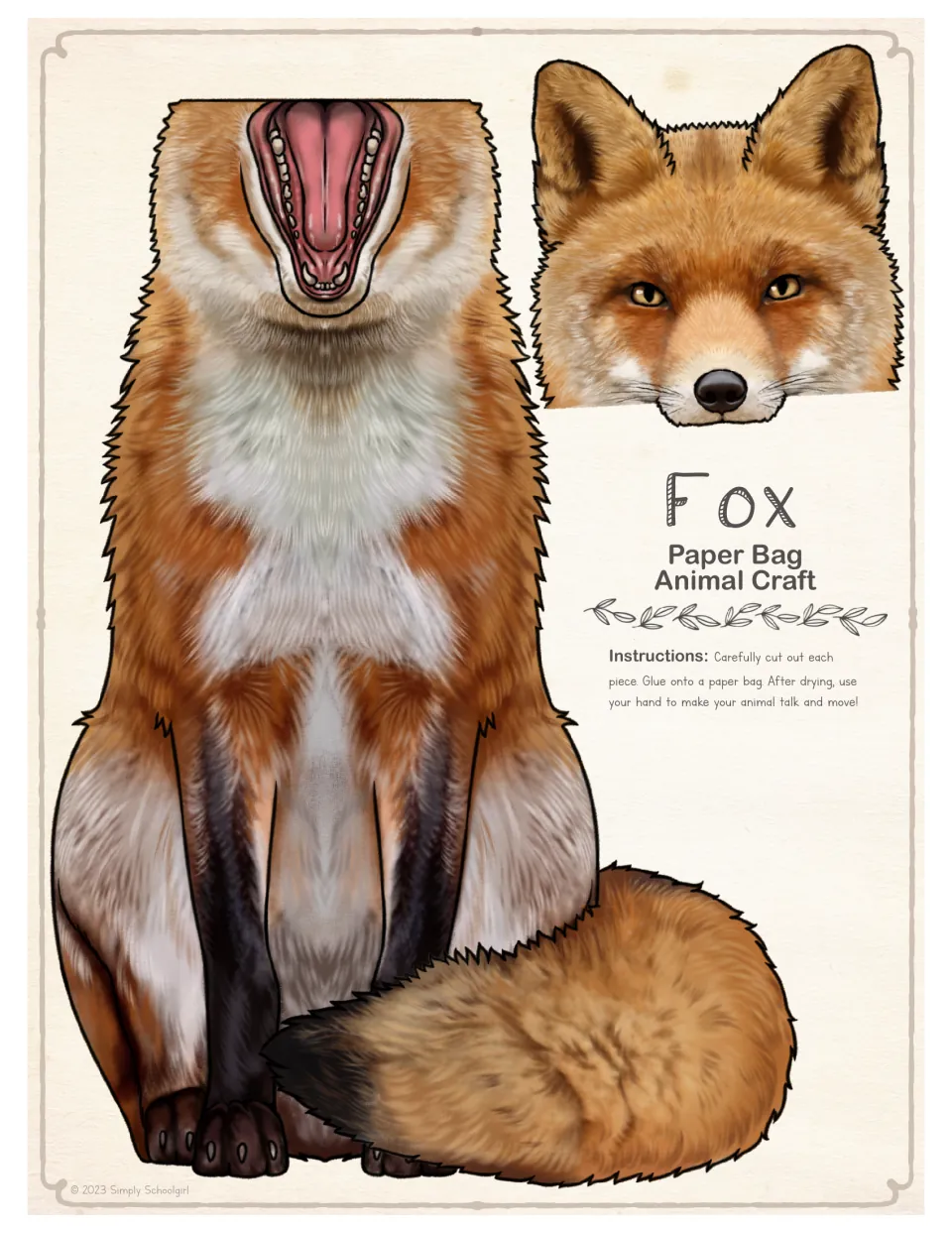 Full-color fox cut-out pieces: a realistic fox head and a seated body with open mouth, to cut out and glue to a bag
