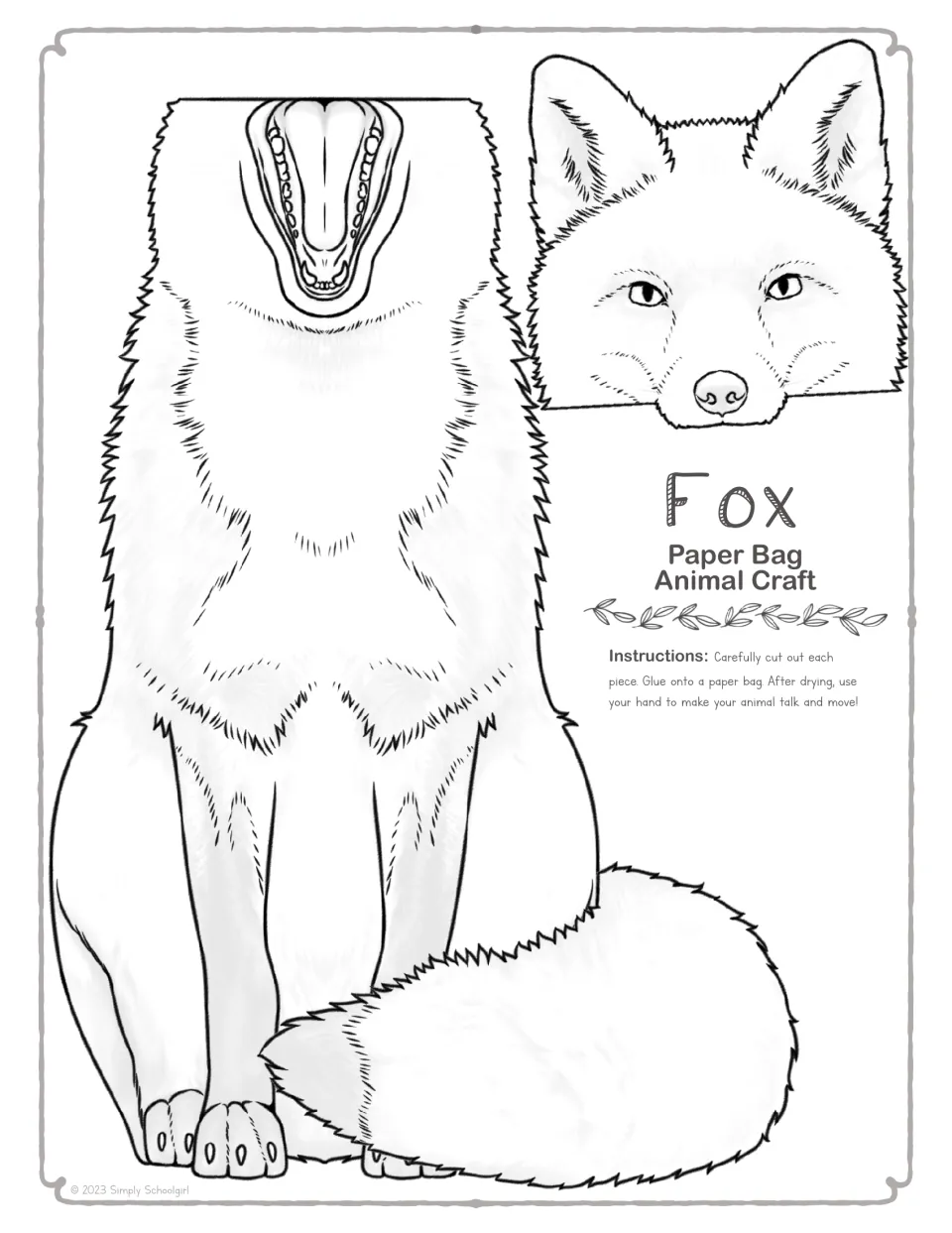 Black-and-white fox cut-out pieces: outline head and seated body with open mouth for students to color, cut and glue on