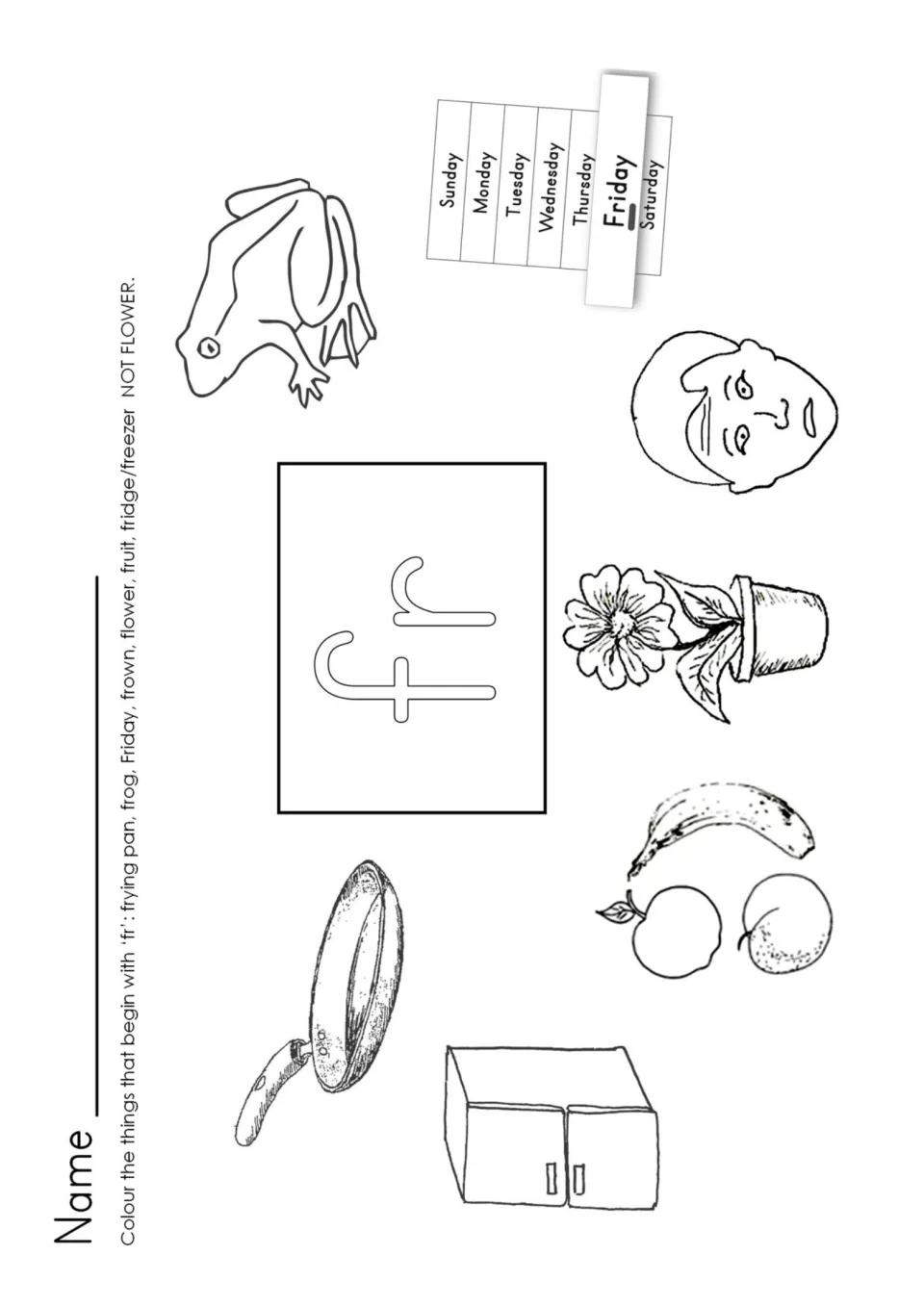 FR blend phonics: students colour pictures that start with fr, like frog, fruit, fridge and Friday, but not the flower