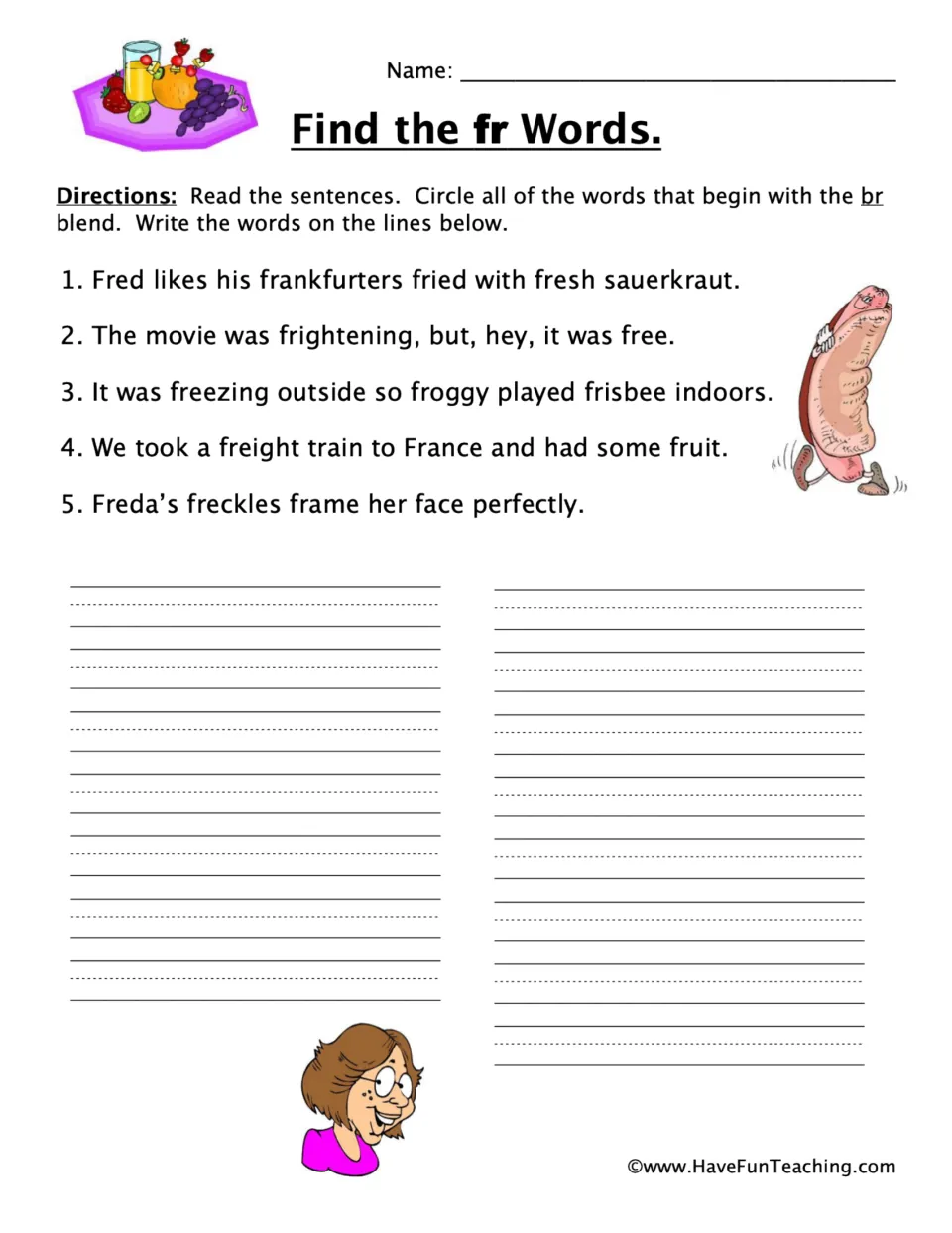 FR blend practice: find and circle words in five sentences, including Fred, fresh, freight, and freckles.