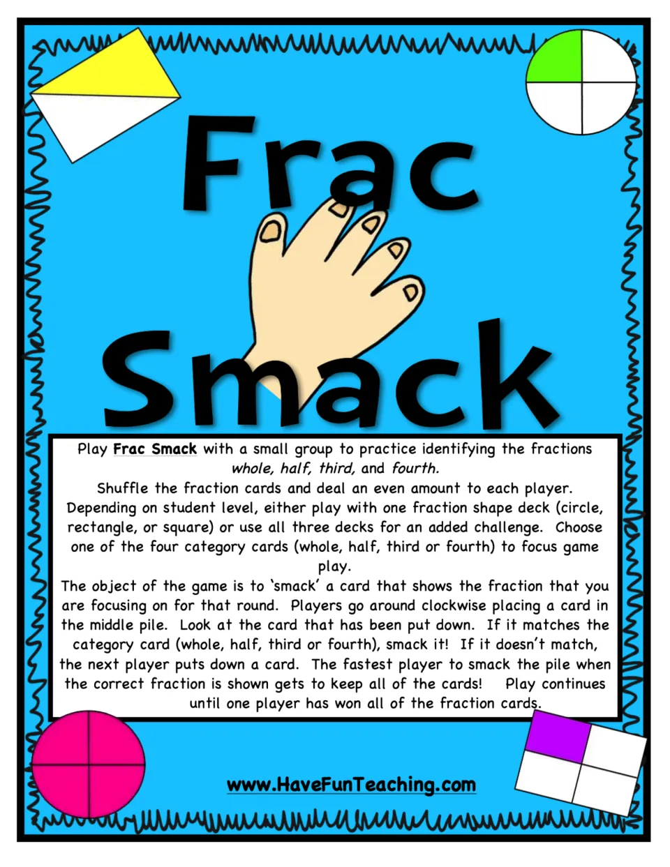 Frac Smack Fractions Activity cover and directions for a small-group game identifying wholes, halves, thirds, fourths