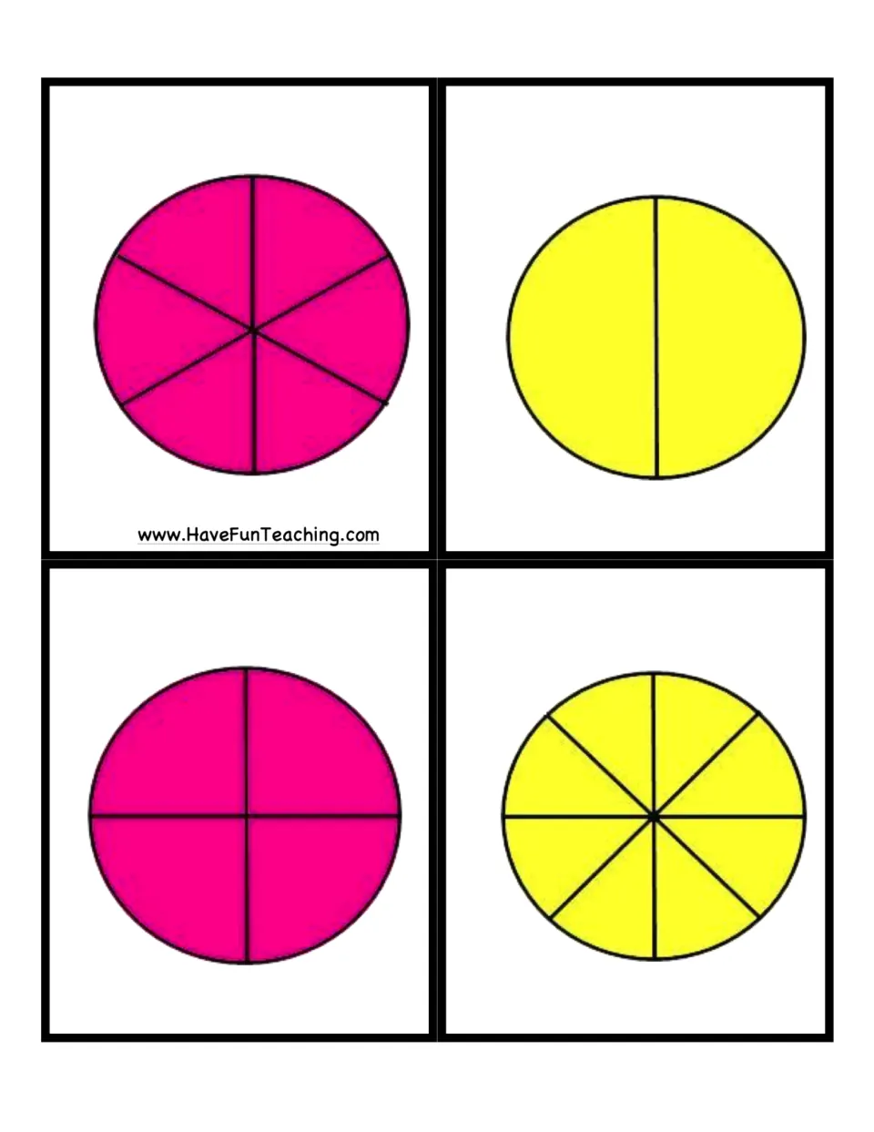 Fraction game cards 1–4: four fully colored circles divided into six, two, four, and eight equal parts