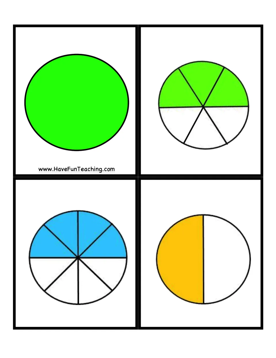 Fraction game cards 5–8: one whole circle and three half-colored circles showing 3/6, 4/8, and 1/2