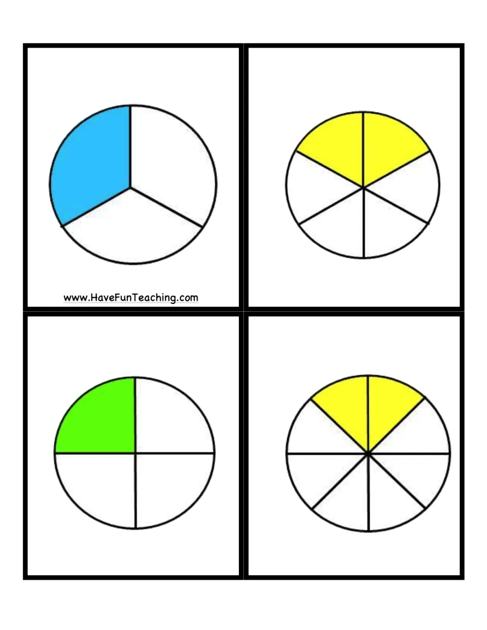 Fraction game cards 9–12: circles showing one third and one fourth through 1/3, 2/6, 1/4, and 2/8 shading