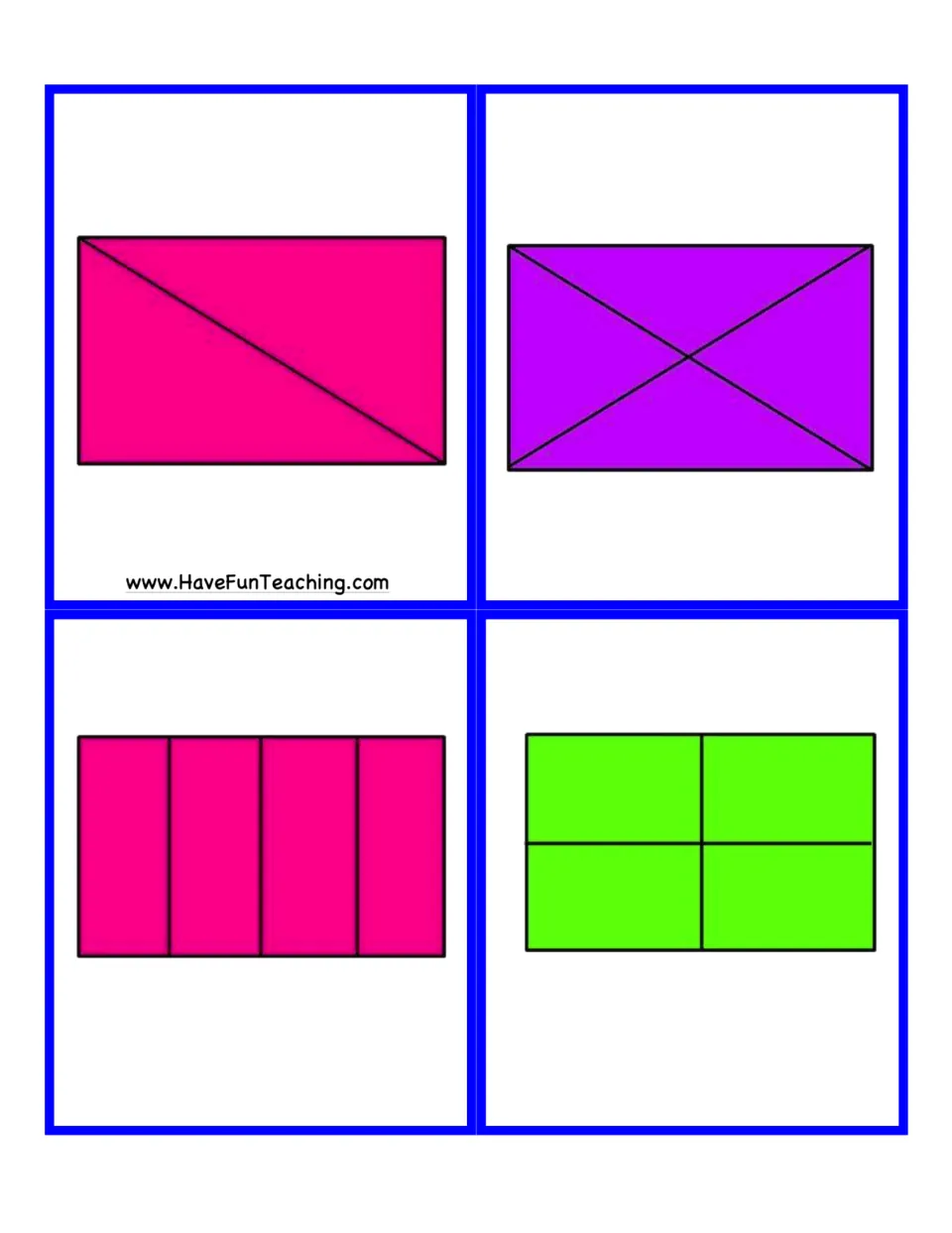 Fraction game cards 13–16: four fully colored rectangles divided into halves or fourths to show wholes