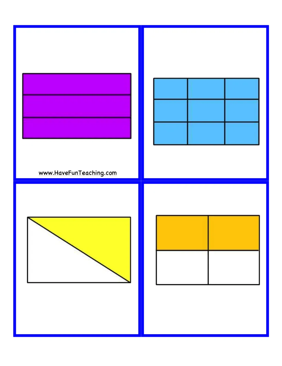 Fraction game cards 17–20: whole rectangles divided into three and nine parts, plus two half-colored rectangles